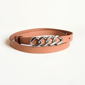 Peach Leather Skinny Belt: Women&#39;s Chain Buckle Waist Belt