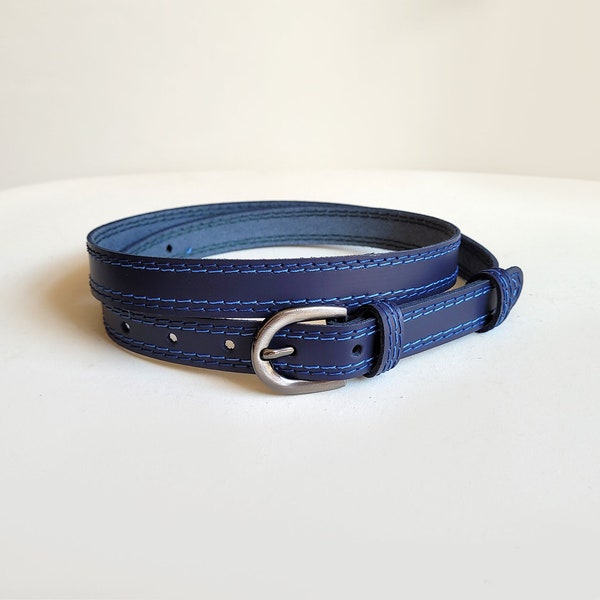 Navy leather belt. Skinny dark blue waist and hip belt for women