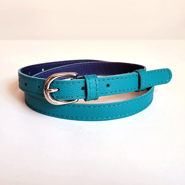 Turquoise leather waist belt with silver, gold or dark metal buckle