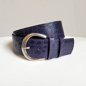 Purple Croc Leather Belt: 2-Inch Wide Waist Belt with Moon Buckle