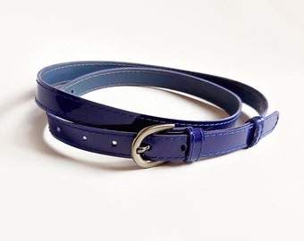 Purple blue patent leather belt for women, Natural patent skinny belt