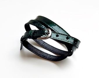 Dark green patent leather belt for women, Natural patent skinny belt