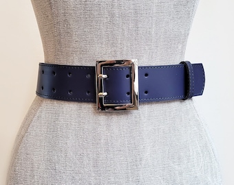 Wide leather waist belt in blue colour, Woman's double buckle belt