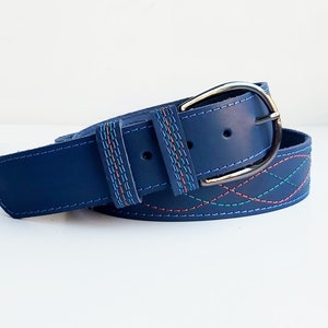 Handmade Blue Leather Belt: Contrasting Stitch, Oval Buckle
