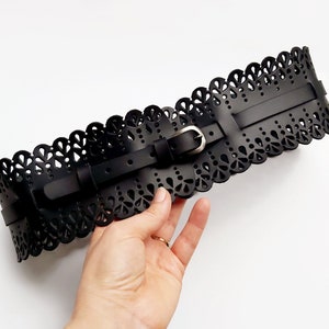 Black Leather Lace Corset Belt: Wide Waist Belt