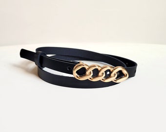 Leather black belt with gold or silver chain buckle. Womens skinny waist belt