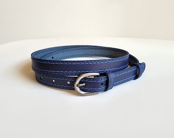 Navy leather belt. Skinny dark blue waist and hip belt for women