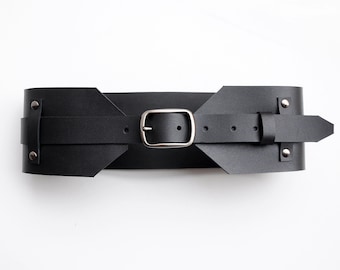 Wide leather belt in black, Womens waist belt for dress