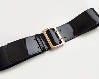 Wide black patent leather belt with gold or silver double pin buckle, Women's wide waist belt