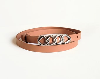 Peach leather belt with chain buckle in gold or silver colour. Women's skinny waist belt