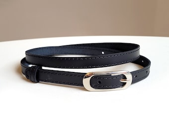 Leather black belt for women, Thin waist belt with oval buckle