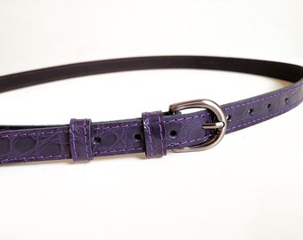 Dark purple croc leather belt for women, Natural leather skinny belt