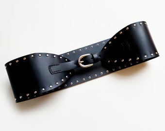 Rivet studded wide waist belt in black leather