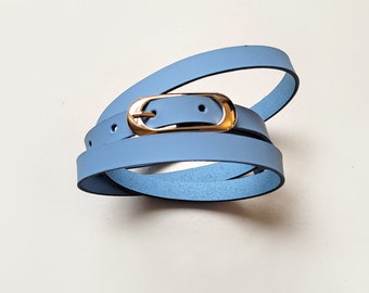 Ceinture fine en cuir bleu ciel pour femme, Ceinture en cuir naturel avec boucle dorée