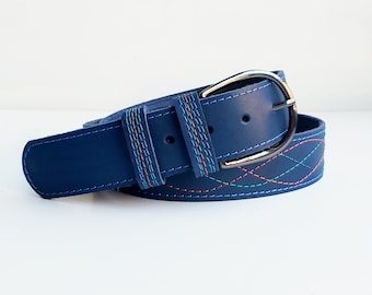 Handmade Blue Leather Belt: Contrasting Stitch, Oval Buckle Gold Or Silver