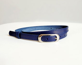 Navy Leather Skinny Belt: Natural Leather, Oval Buckle, DDP (Delivered Duty Paid)