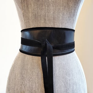 Black leather Obi belt, Black women's wide waist belt image 2