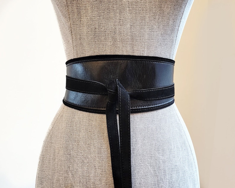 Black leather Obi belt, Black women's wide waist belt image 2