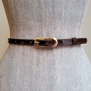 May include: A brown leather belt with a gold-toned oval buckle.