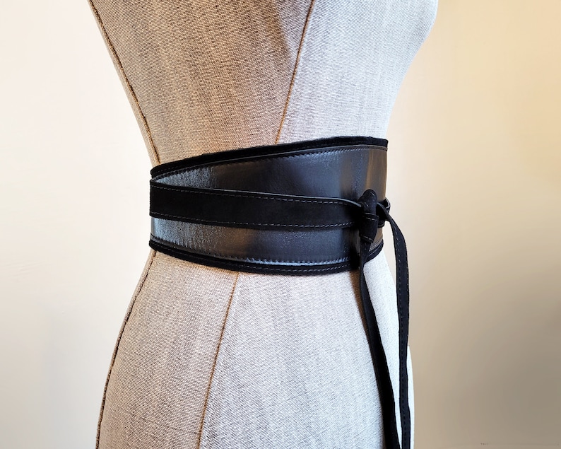 Black leather Obi belt, Black women's wide waist belt image 3