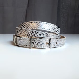 Silver Leather Skinny Belt: Women's Snake Pattern Waist Belt