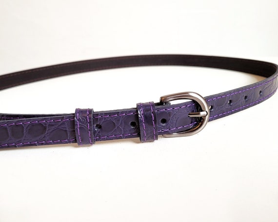 Dark Purple Croc Leather Belt: Natural Skinny Belt