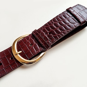 Burgundy Croc Leather Belt With Moon Buckle. 2 Inch Wide Croc Pattern