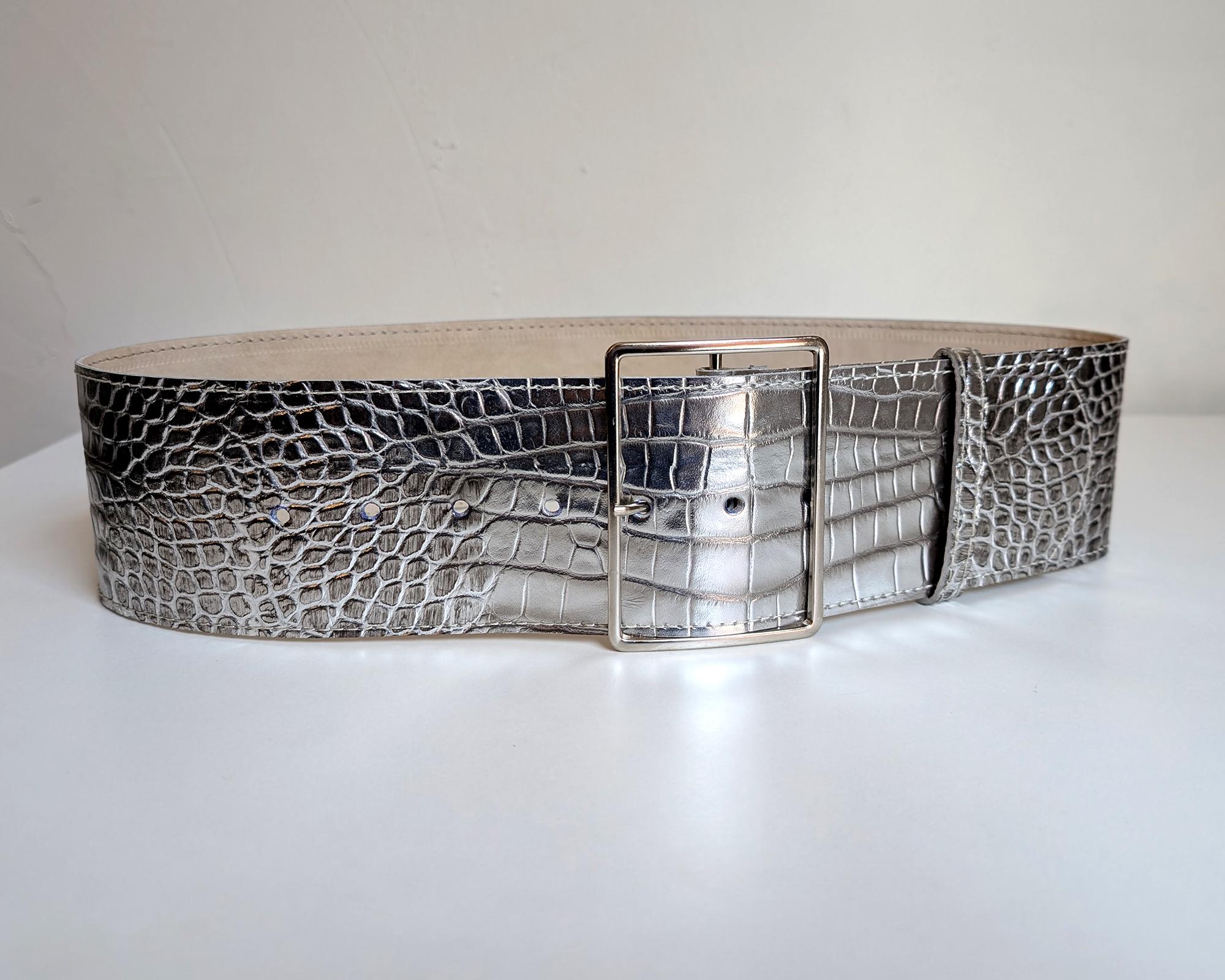 Wide Silver Croc Leather Belt, Silver Women's Waist Belt - Etsy