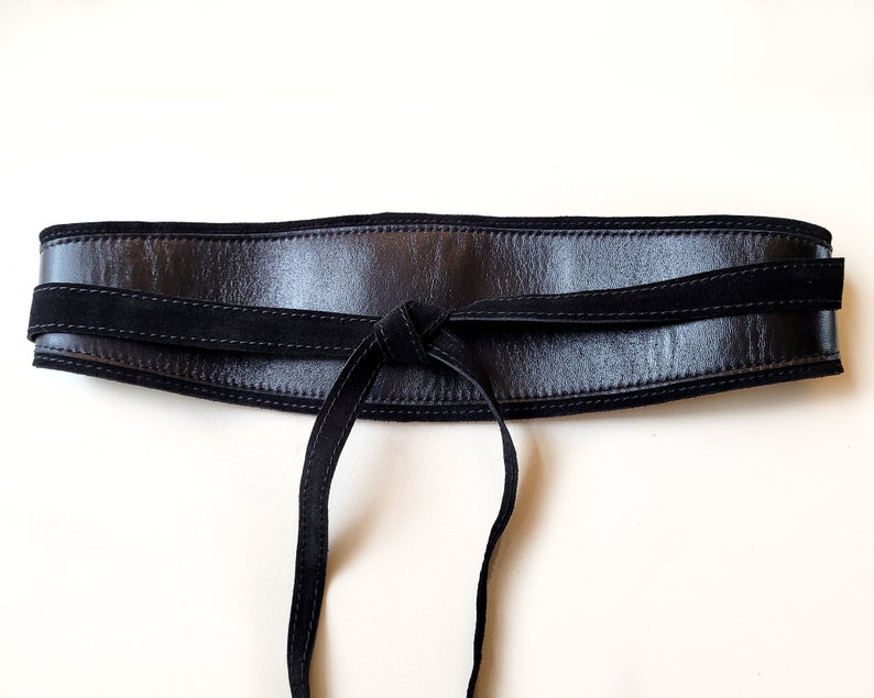 Black leather Obi belt, Black women's wide waist belt image 1