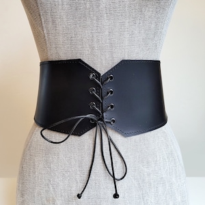 Black Leather Corset Belt: Wide Elastic Tieable Waist Belt