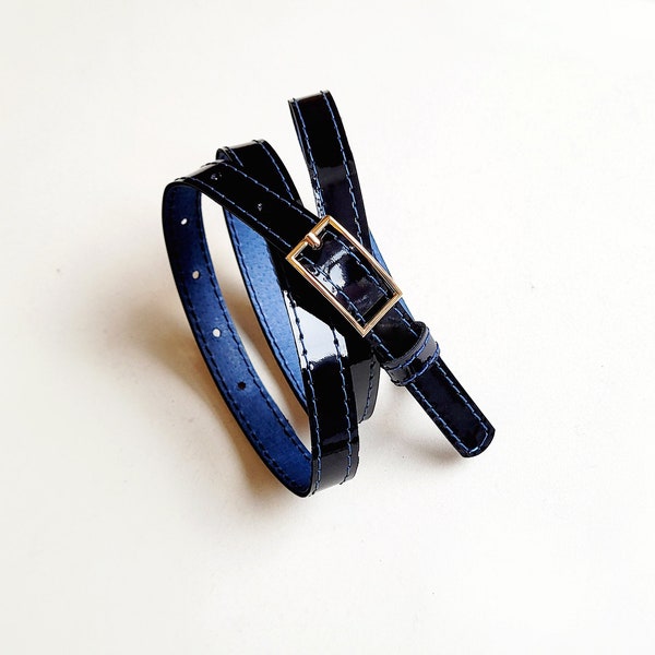 Navy blue skinny patent leather belt for women, Natural leather belt