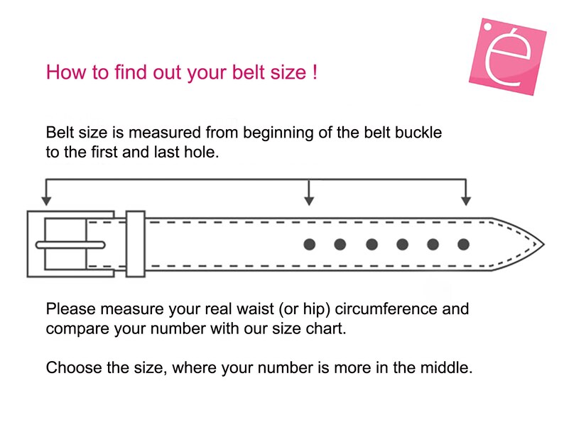 May include: Diagram showing how to measure your belt size. The illustration shows a belt with a buckle and multiple holes. The text explains that the belt size is measured from the beginning of the buckle to the first and last hole. It also instructs to measure your waist or hip circumference and compare it to the size chart.