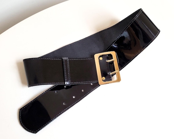 Wide Black Patent Leather Belt: Gold Buckle Waist Belt (70  display picture 1