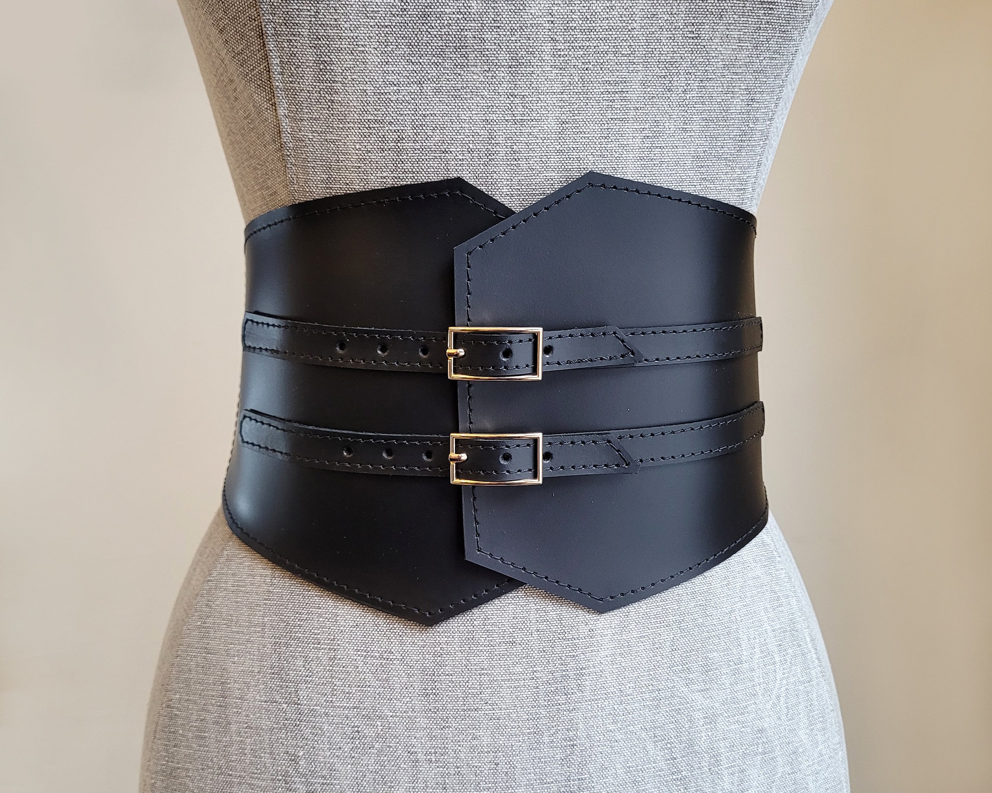 NEW -  Black faux leather waist belt. 90cm inches. Double Strap Faux Leather Belt CG511 - K style | LEWKIN main image 3