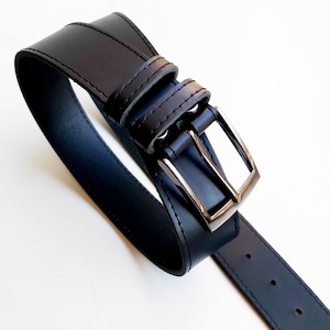 Black full grain leather belt with pin buckle. Handmade leather belt