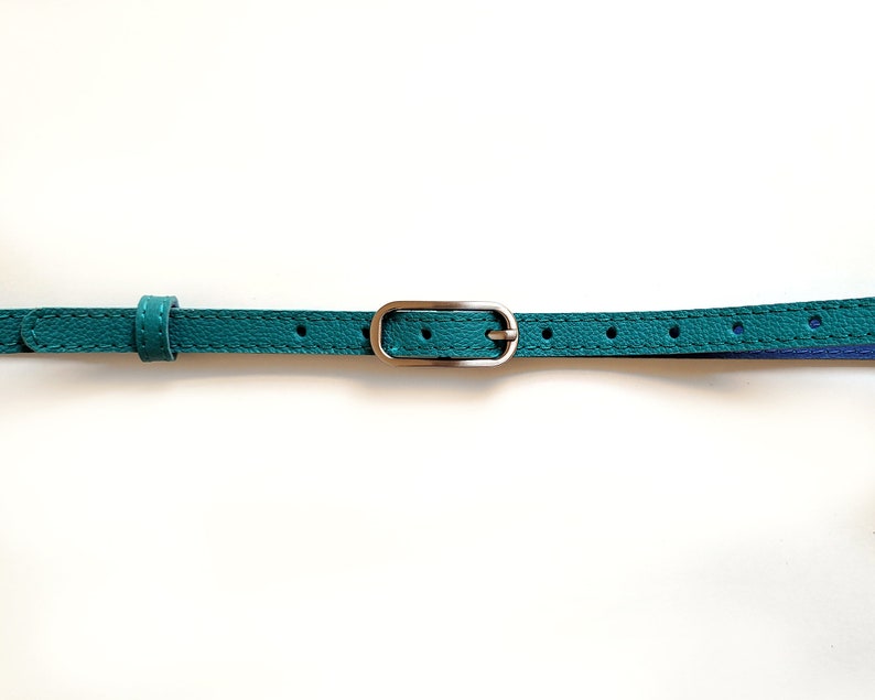 Turquoise leather belt for women with silver colour metal buckle image 3