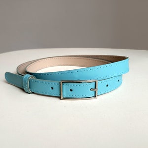 Light turquoise leather belt for women, Natural leather skinny belt