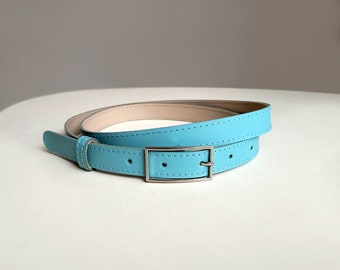 Light turquoise leather belt for women, Natural leather skinny belt