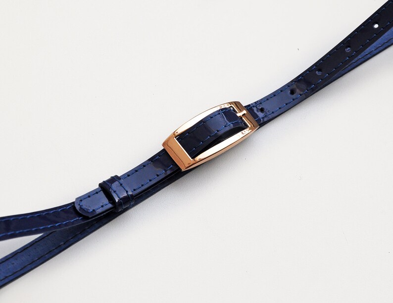 Navy blue skinny patent leather belt for women Genuine Etsy