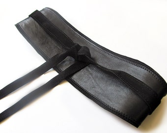 Black leather Obi belt, Black wide waist belt