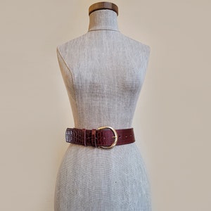 Burgundy Croc Leather Belt With Moon Buckle. 2 Inch Wide Croc Pattern