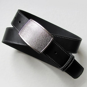 Black Full Grain Leather Belt: Silver Buckle, Handcrafted