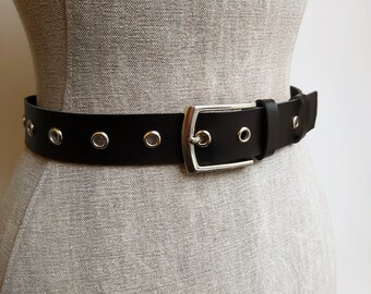 Silver Eyelet Waist and Hip Jeans Belt in Black Genuine
