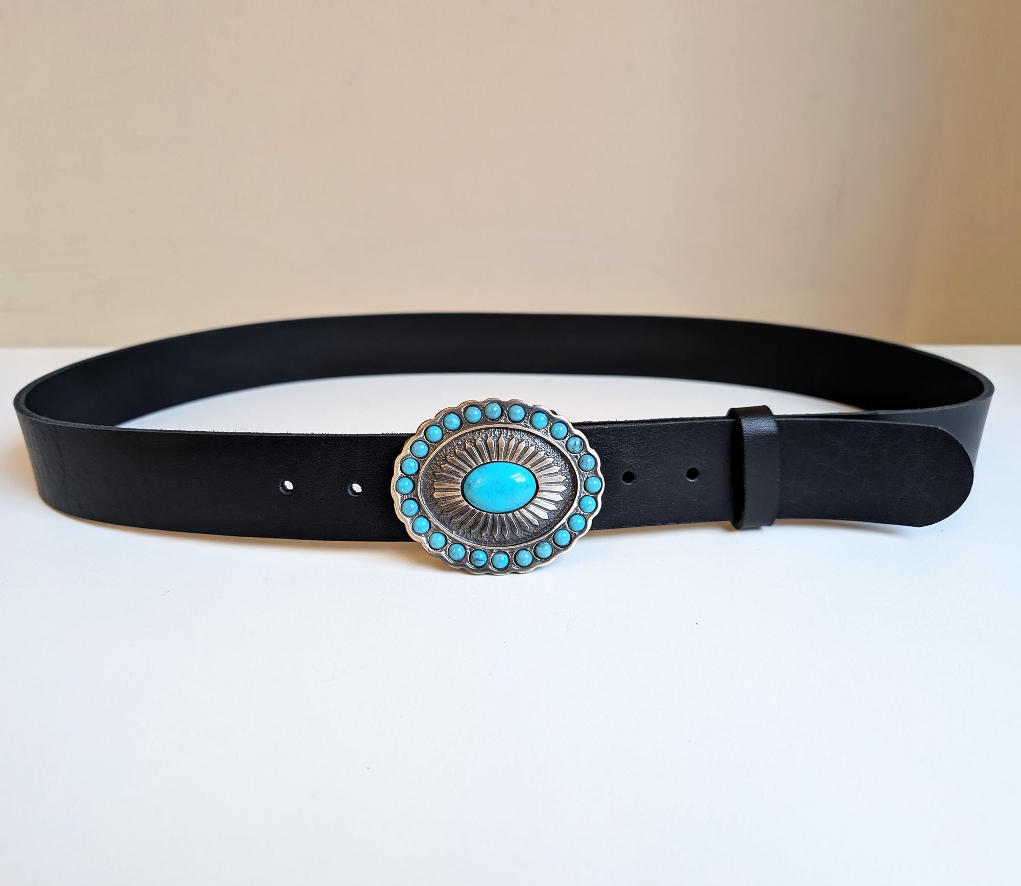 Large Genuine Leather Western Belt with Turquoise Stones and Interchangeable Western Turquoise Rhinestone Studded Faux Crocodile Print  main image 3