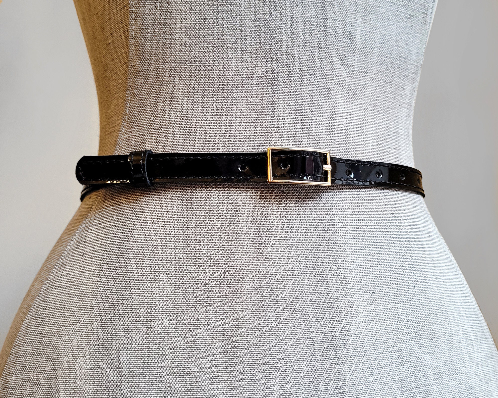 Black Patent Leather Skinny Belt, Natural Leather Waist Belt 