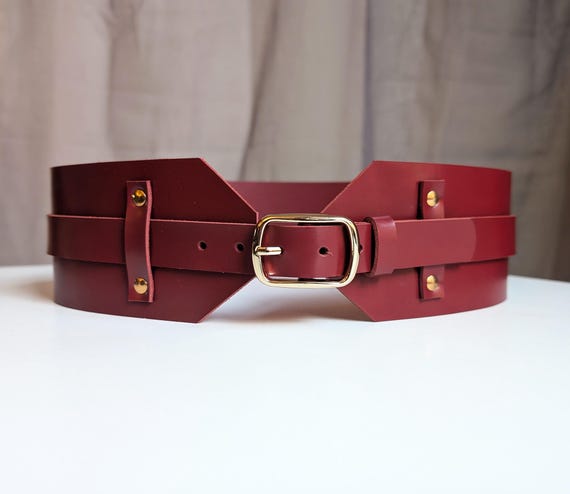 Wide Leather Belt in Dark Red, Women's Waist Corset Belt for Dress