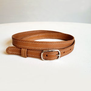 Brown natural leather belt, Warm brown leather skinny belt