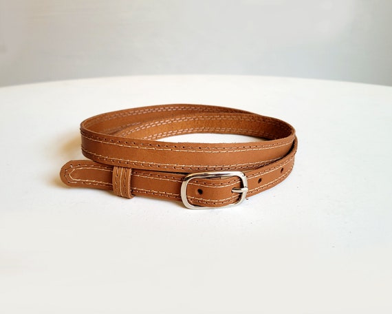 Brown Natural Leather Skinny Belt, Women's Metal Buckle Belt