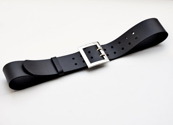 Wide Black Leather Waist Belt, Womens Double Prong Buckle Belt
