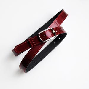 Dark Red Patent Leather Skinny Belt: Metal Buckle